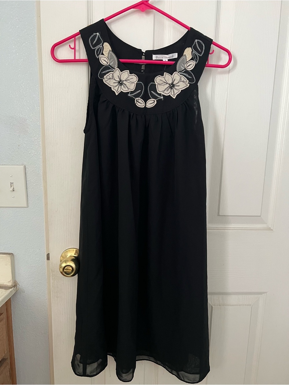 Lucca Couture Black Midi Dress with Cream Floral Appliqué and Embroidered Leaves